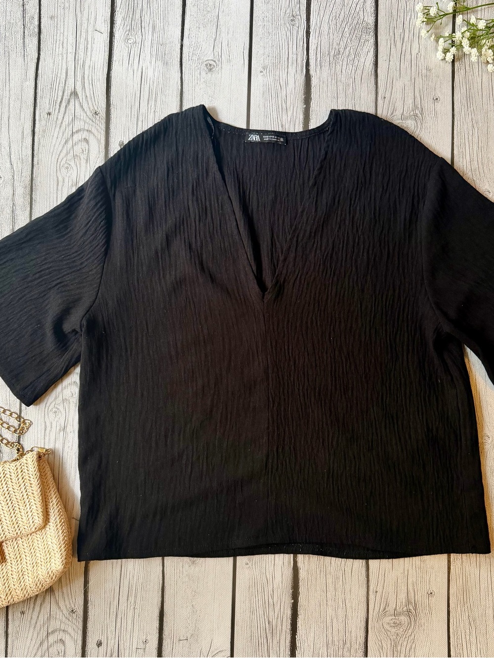 Zara Black Crinkled V-Neck Tunic Top
